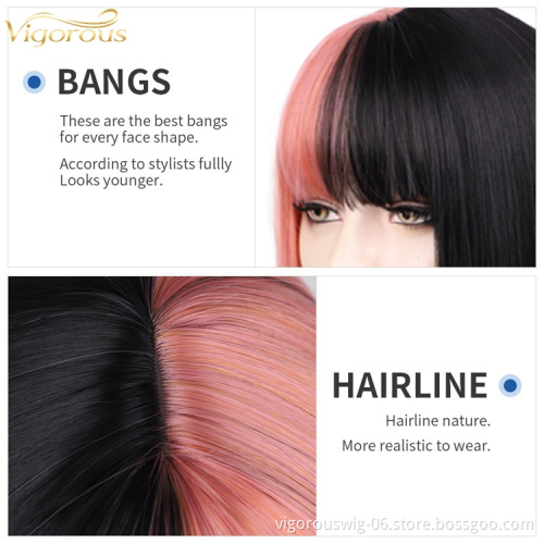 Vigorous free shipping private label color bob perruque full fiber blended synthetic no lace front pixie  wigs with bangs